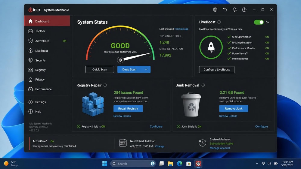 iolo System Mechanic dashboard on Windows 11 with a system-status gauge, LiveBoost, registry repair, and junk-removal panels.