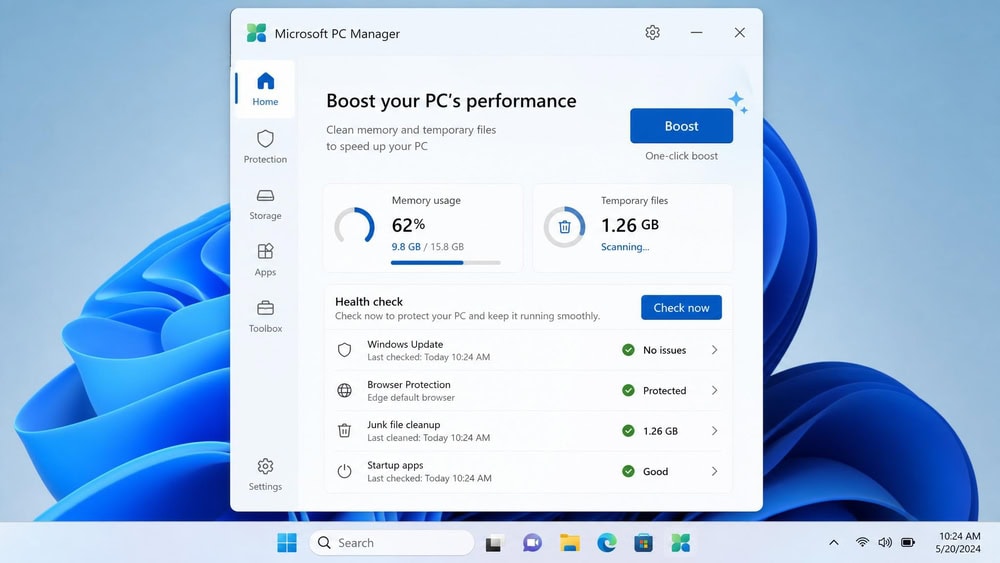 Microsoft PC Manager on Windows 11 with a one-click Boost button, RAM gauge, temporary-file total, and a health-check panel.