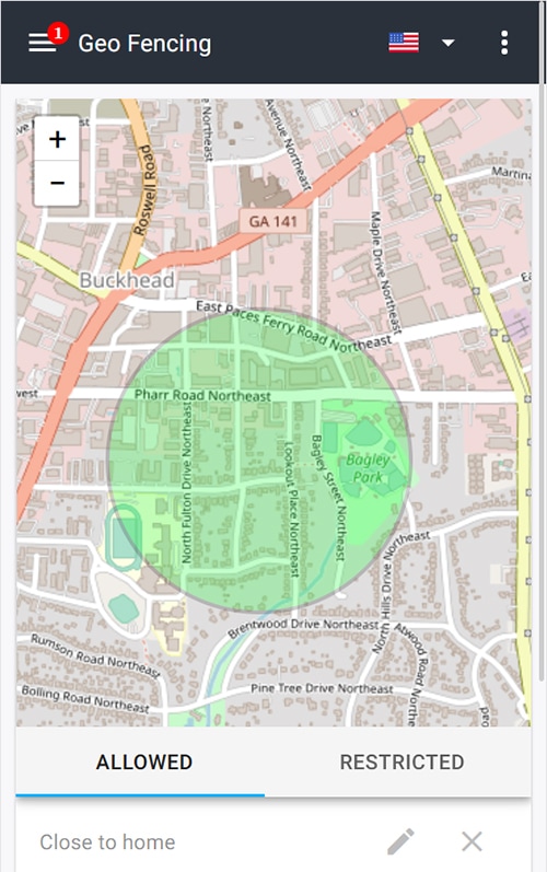 the geofencing screen of mSpy phone tracker app with an area selected for alerts