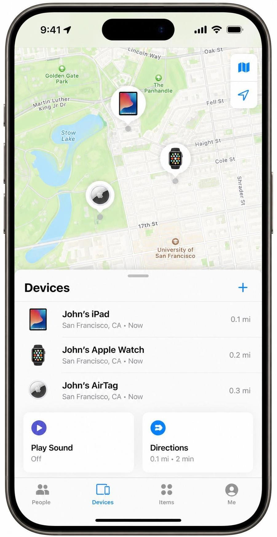 The Apple Find My app on an iPhone showing an iPad, an Apple Watch, and an AirTag plotted on a map, with a "Play Sound" option visible.