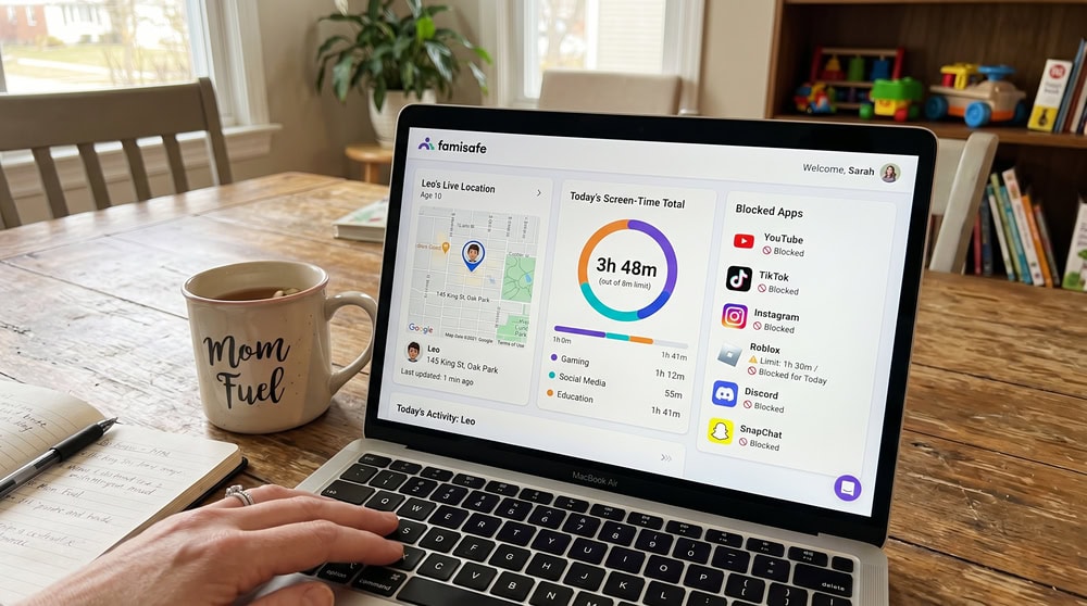The FamiSafe parent dashboard on a laptop showing a child's live location, today's screen-time total, and a list of blocked apps.