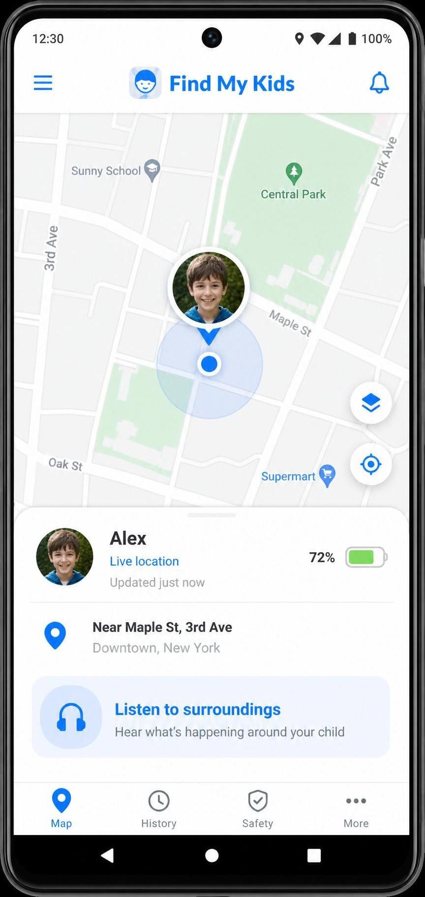 The Find My Kids parent app on Android showing a child's live location on a map alongside a battery indicator and a "Listen to surroundings" button.
