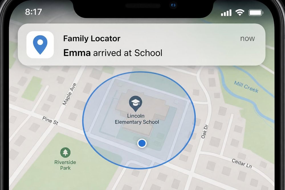 A smartphone notification reading "Emma arrived at School" overlaid on a map with a circular geofence drawn around a school building.