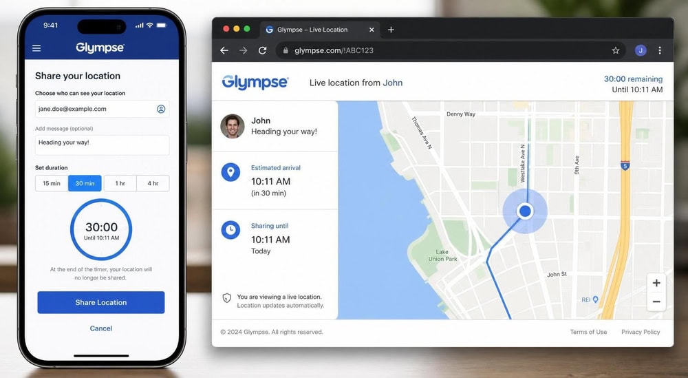 The Glympse app on a phone creating a location share with a 30-minute timer, next to a browser window where a recipient views the live location with no app installed.