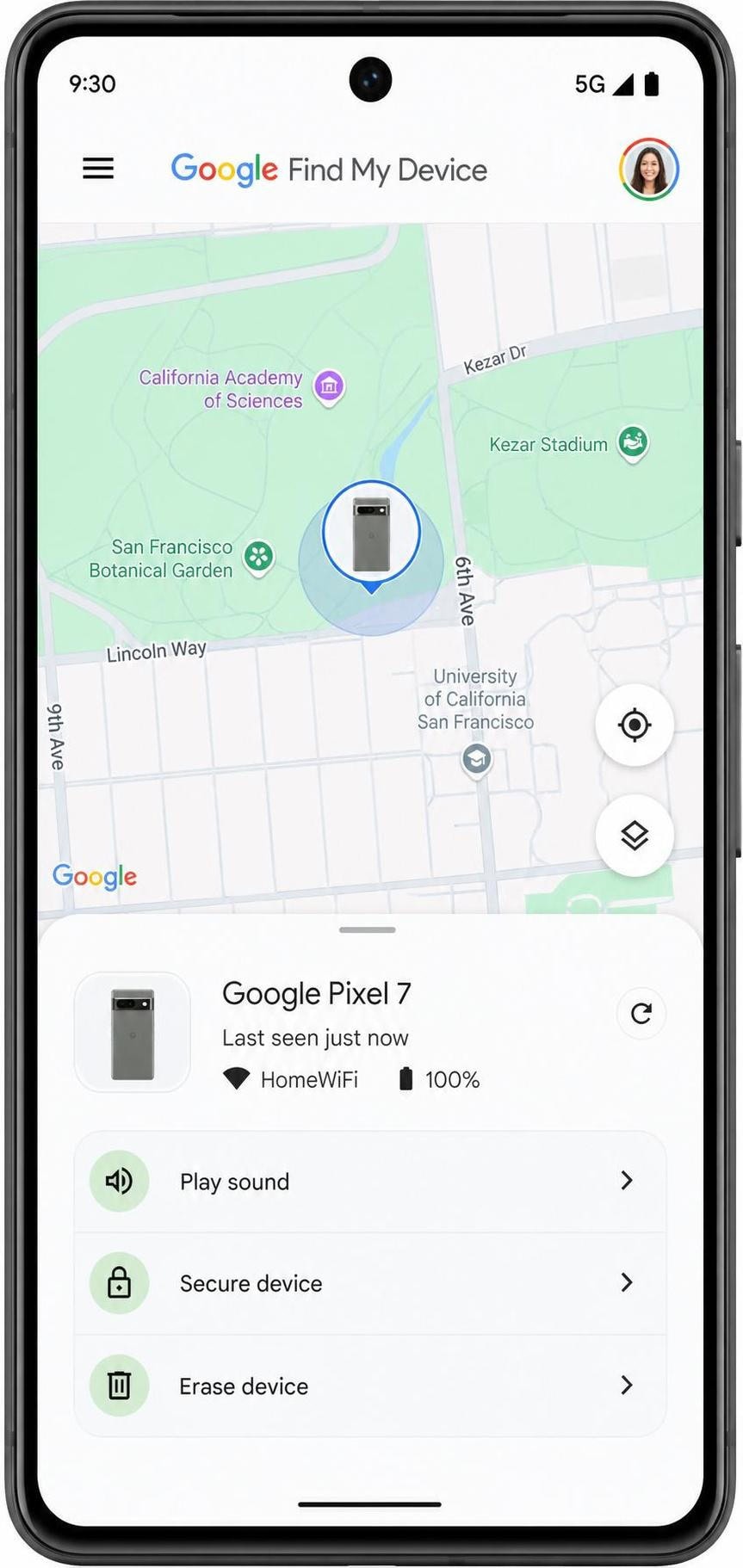 Google Find My Device on an Android phone showing a lost Pixel plotted on a map with "Play sound," "Secure device," and "Erase device" buttons.