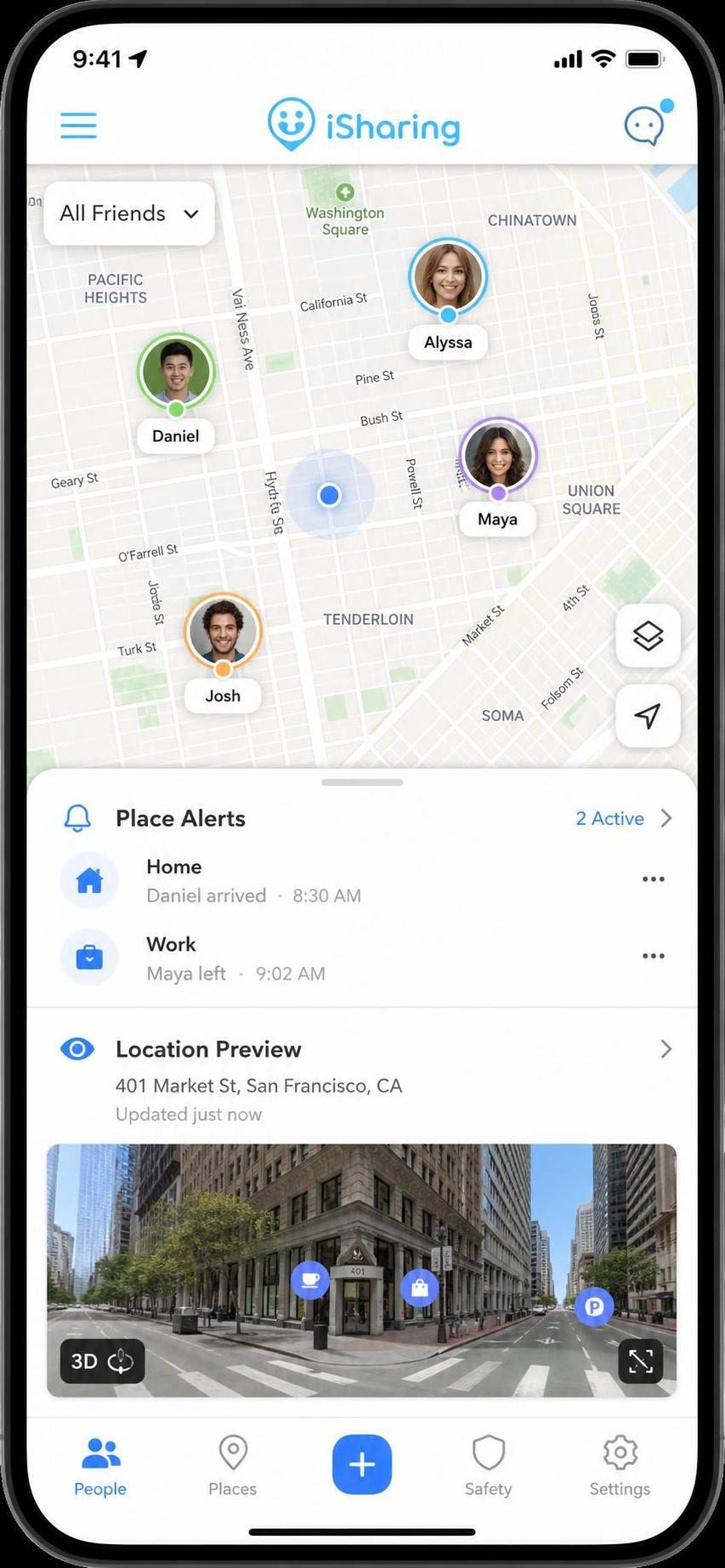 The iSharing app on a phone showing several friends on a map with two saved place alerts and a 3D street-view preview of a location.