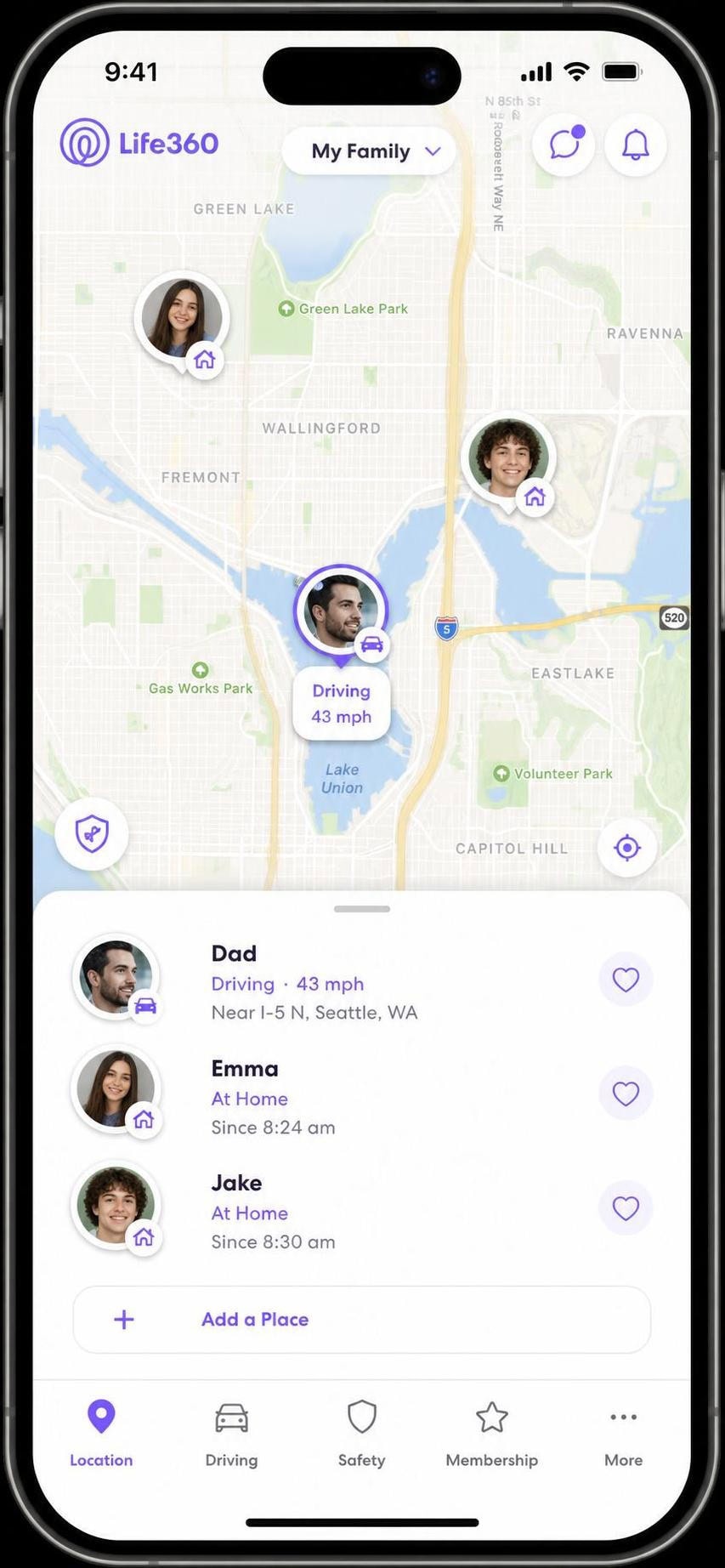 The Life360 app on an iPhone showing a family Circle with three members plotted on a live city map, one member flagged as "driving" with a speed readout.