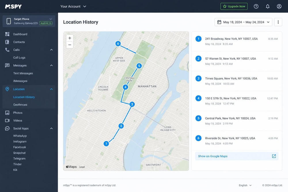 The mSpy web control panel showing a monitored phone's location history on a map alongside tabs for call logs, messages, and social apps.