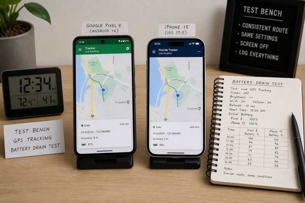 A test bench with a Google Pixel and an iPhone side by side, both running phone tracker apps that show live location maps, next to a notebook of battery-drain measurements.
