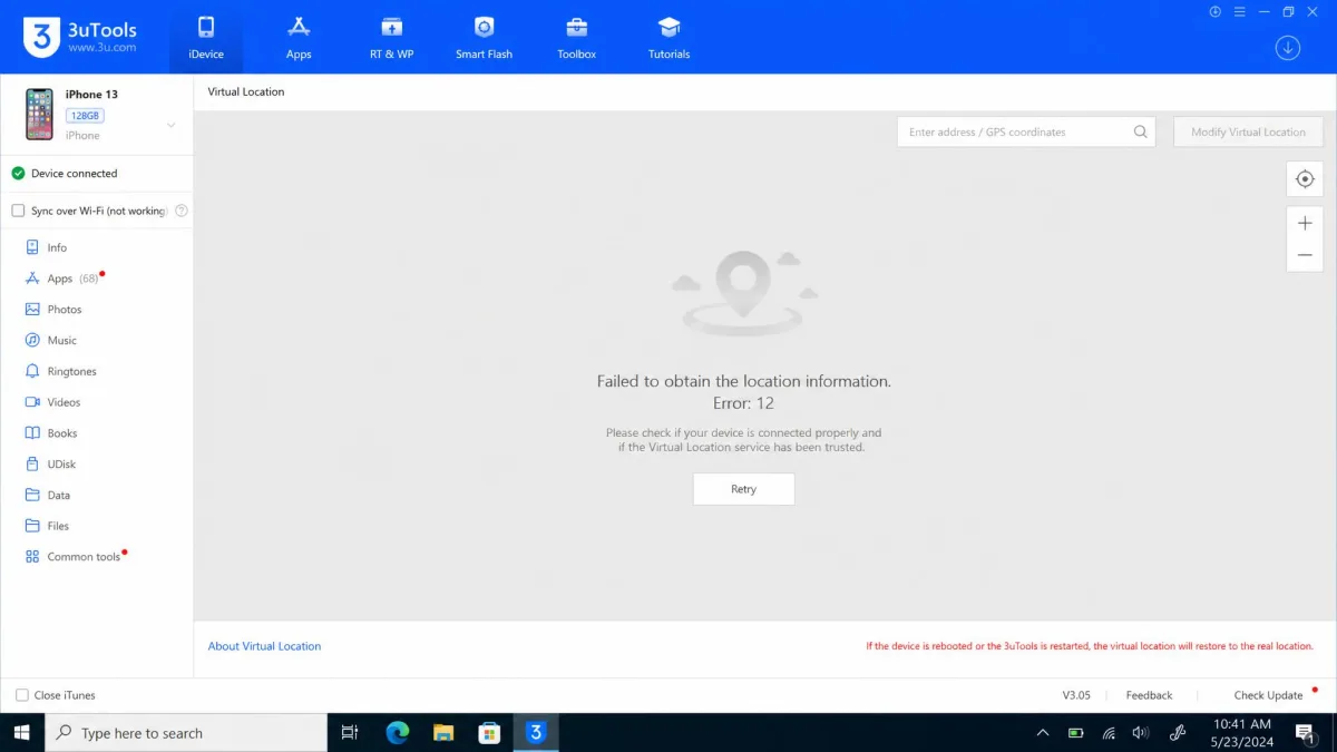 The 3uTools Virtual Location window on a Windows computer showing a blank grey map area and an error 12 message with an iPhone connected by USB.