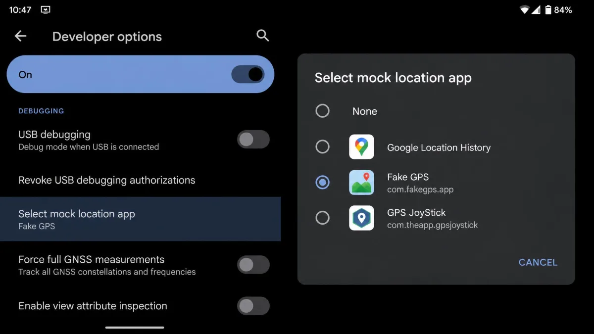 The Android Developer Options screen with the Select mock location app entry highlighted and a fake GPS app chosen from the list.