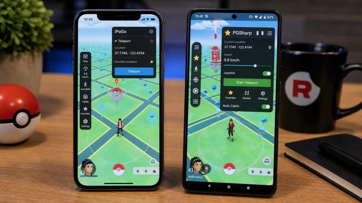 An iPhone and an Android phone side by side on a desk, each showing the Pokemon GO map with a different spoofing app overlay running.