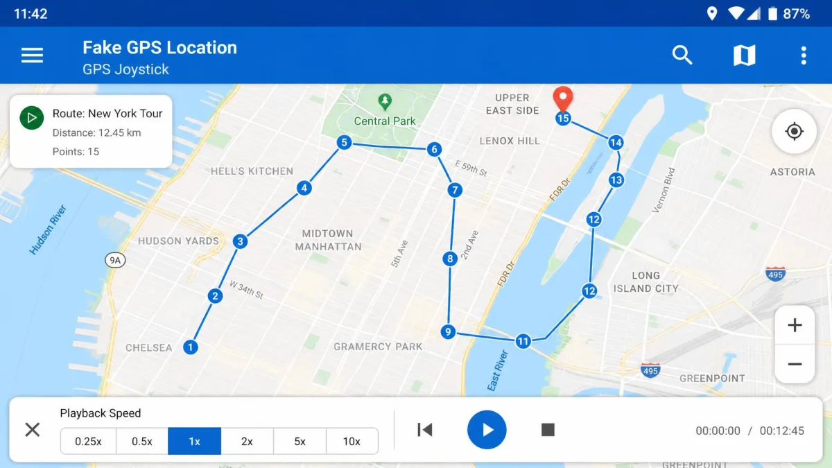 The Fake GPS Location GPS Joystick app on Android showing a recorded route drawn across a city map with playback speed controls at the bottom.
