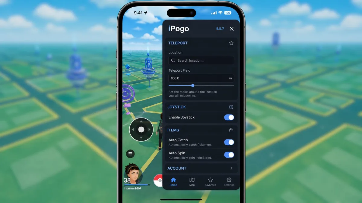 The iPogo overlay open on an iPhone showing the teleport field, joystick toggle, auto catch and auto spin switches in a dark settings panel.