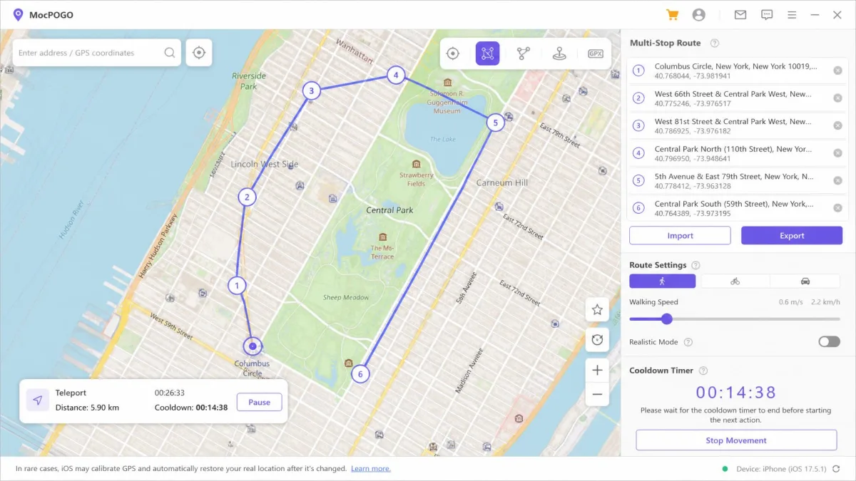MocPOGO's desktop window on Windows with a multi-stop route plotted on the map, a walking speed slider set to a low value, and a cooldown timer panel on the right.