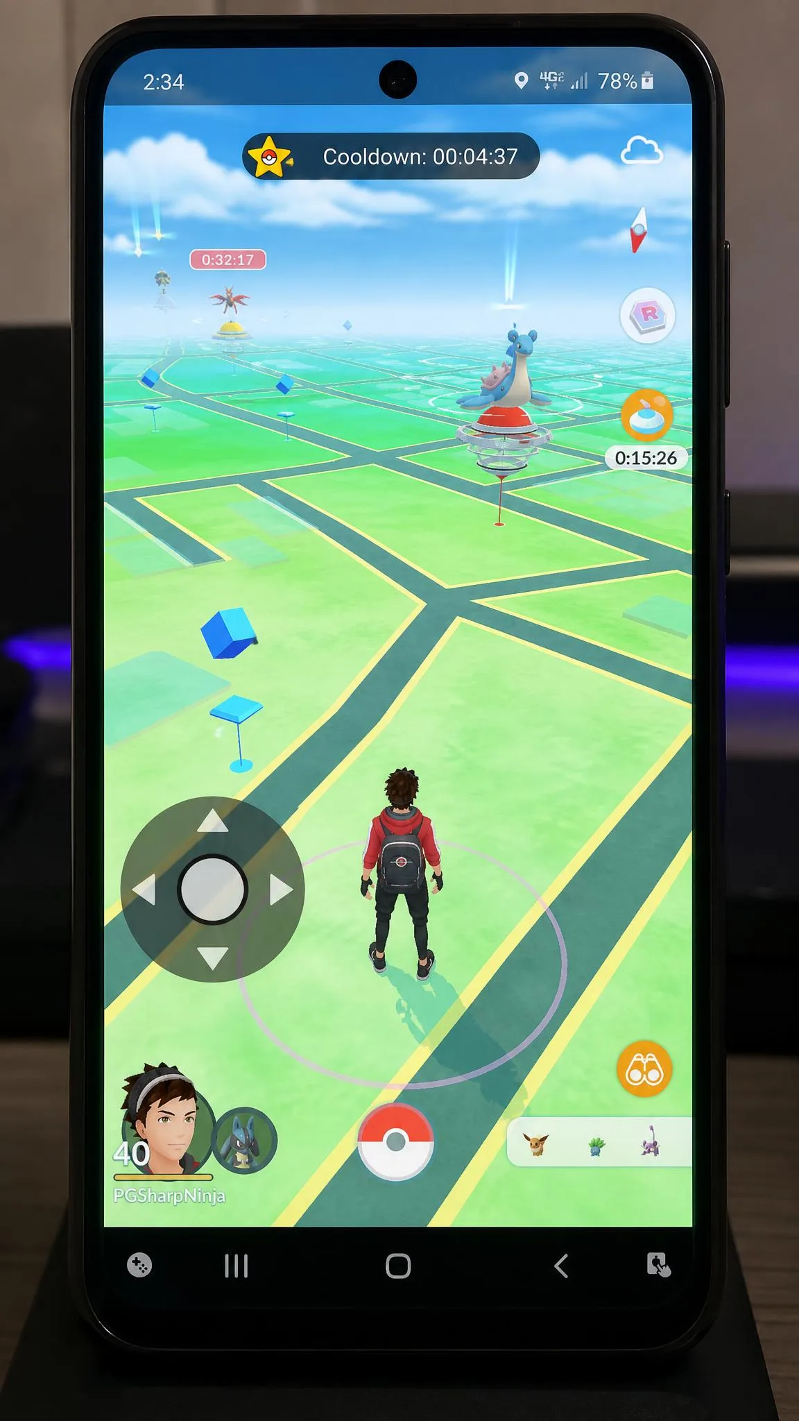 PGSharp running on an Android phone with its joystick in the lower left of the Pokemon GO map and the cooldown timer badge visible at the top of the screen.