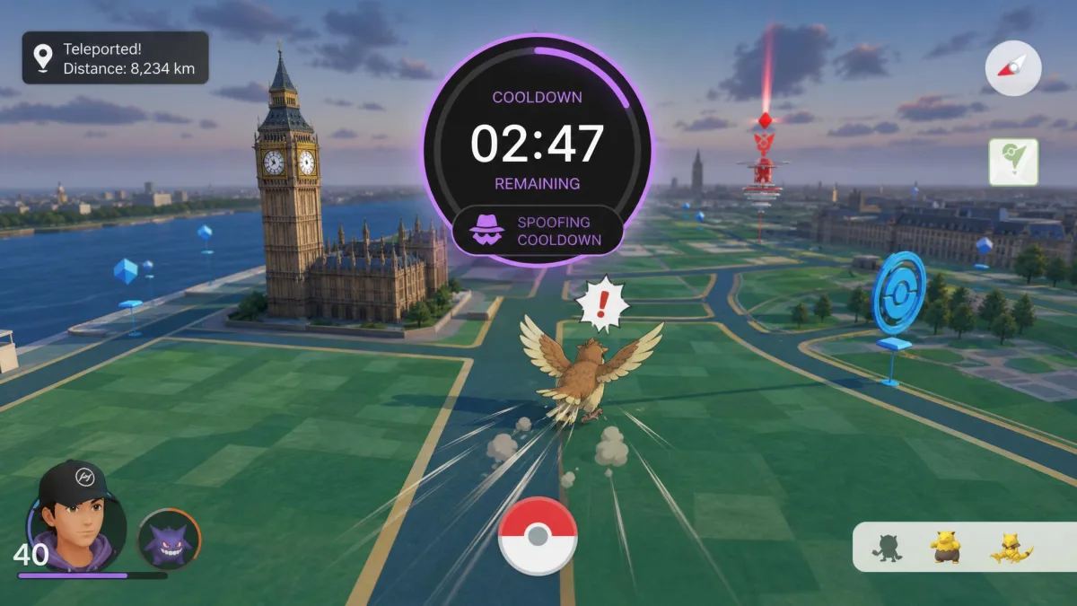 A spoofing app's cooldown timer badge counting down over the Pokemon GO map after a long-distance teleport, with a Pokemon fleeing animation behind it.