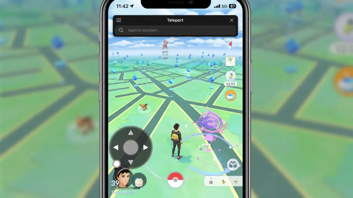 A Pokemon GO map screen on an iPhone with a spoofing app's on-screen joystick overlaid in the lower left corner and a teleport search bar at the top.
