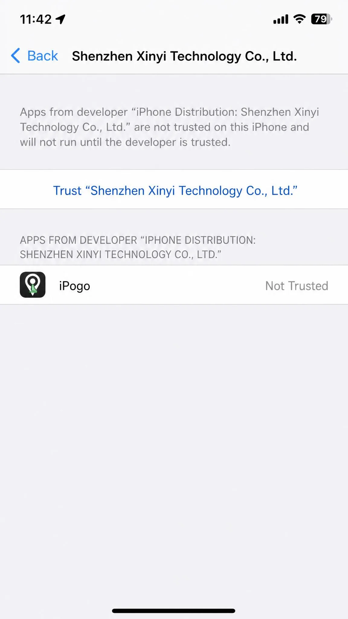 An iPhone settings screen showing an untrusted enterprise developer certificate with the Trust button visible, part of the sideloading process for a spoofing app.