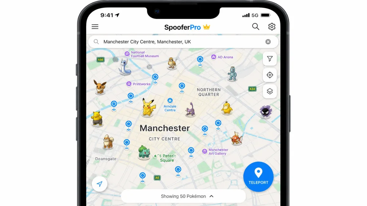 SpooferPro's built-in map on an iPhone showing nearby Pokemon icons and PokeStop markers around a searched city centre, with the teleport button in the corner.