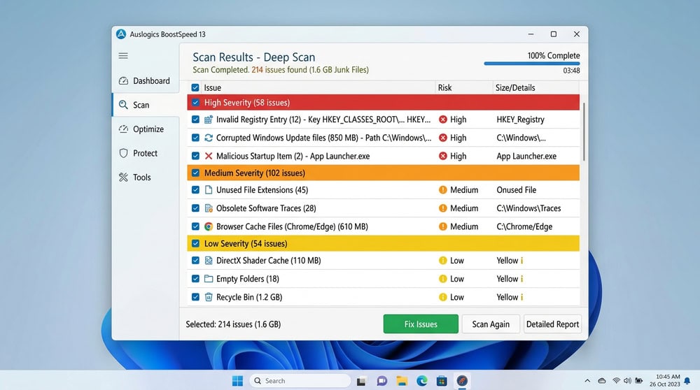 Auslogics deep scan results on Windows 11 with entries grouped by severity.