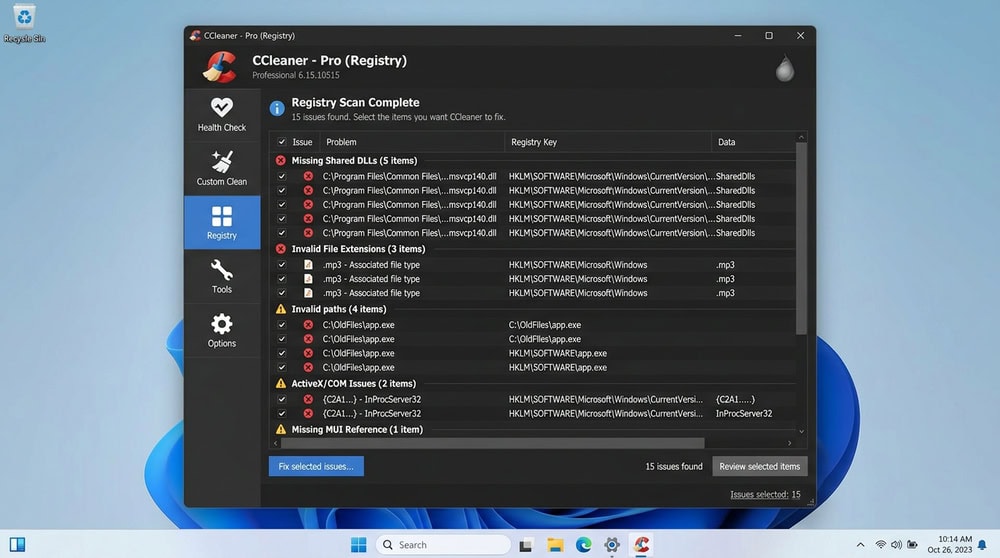CCleaner registry results on Windows 11 listing invalid entries grouped by issue type.