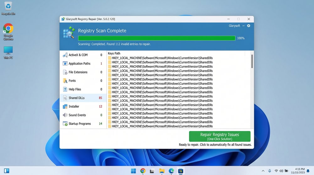 Glarysoft Registry Repair scanning the registry on Windows 10 with a one-click Repair button.