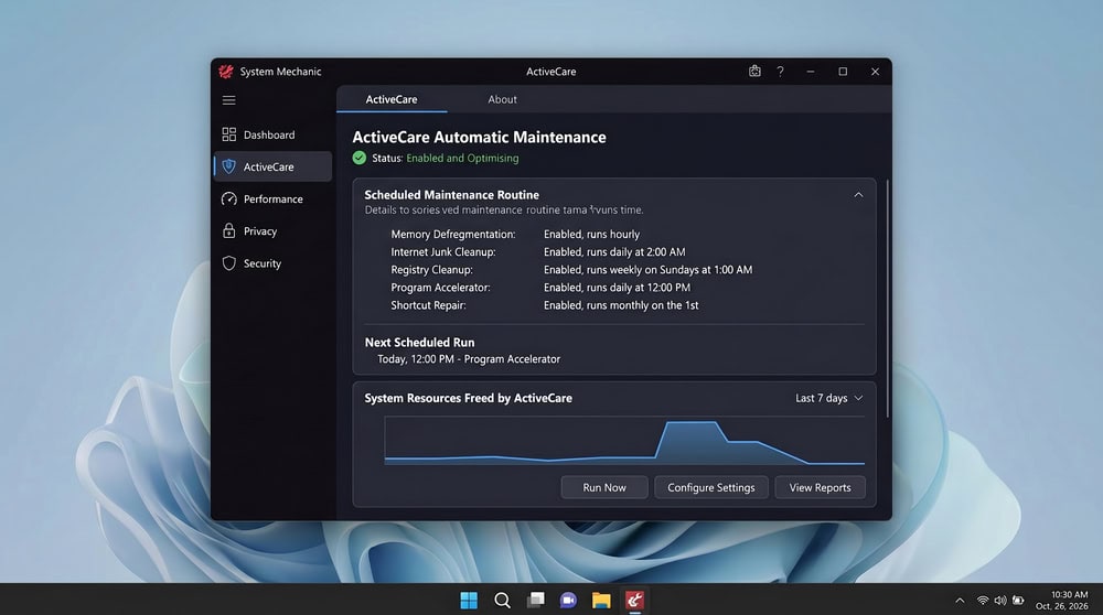 Iolo System Mechanic ActiveCare panel on Windows 11 with a scheduled maintenance routine.