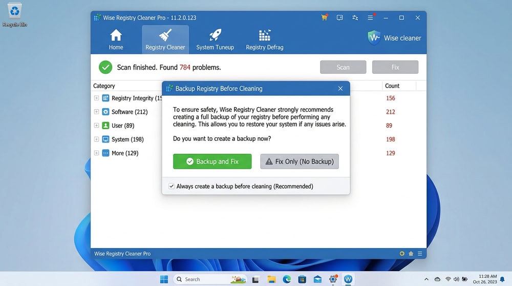 Wise Registry Cleaner on Windows 10 showing the automatic backup prompt before cleaning.
