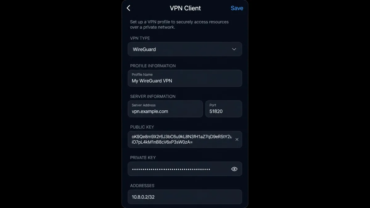 Asus RT-AX1800S VPN client setup screen in the Asus Router app, showing a WireGuard profile being added with server and key fields filled in.