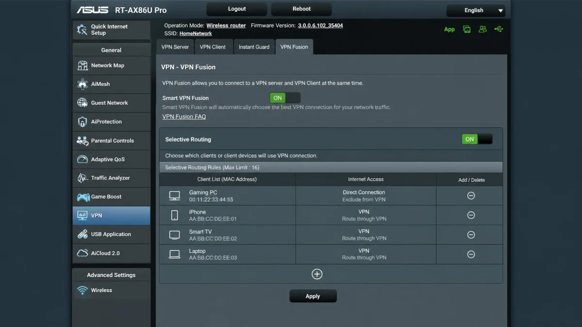 Asus RT-AX86U Pro VPN Fusion settings screen showing selective routing rules, with a gaming PC excluded from the VPN tunnel and other devices routed through it.