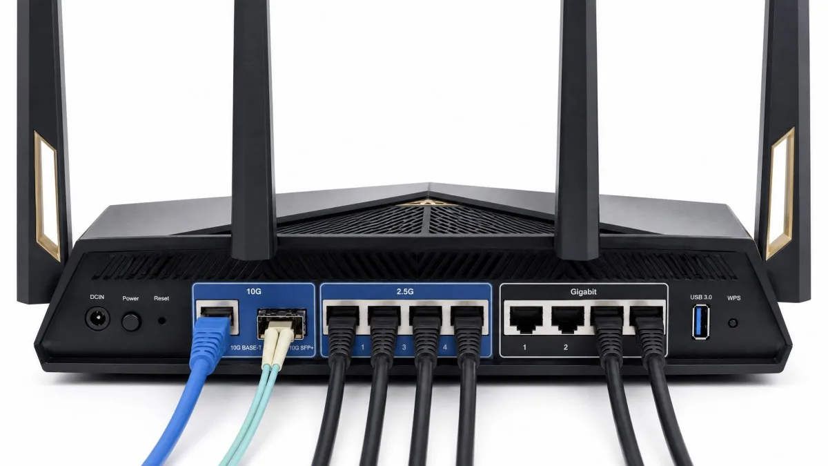 Rear of the Asus RT-BE88U showing dual 10G ports including a 10G SFP+ cage, four 2.5G ports, and four Gigabit ports, with fiber and Ethernet cables connected.