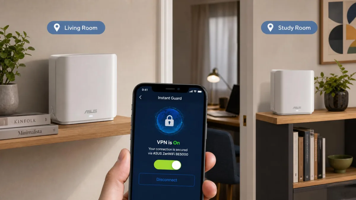 Two Asus ZenWiFi BE5000 mesh nodes placed on shelves in different rooms of a home, with a phone showing the Instant Guard one-tap VPN screen in the foreground.