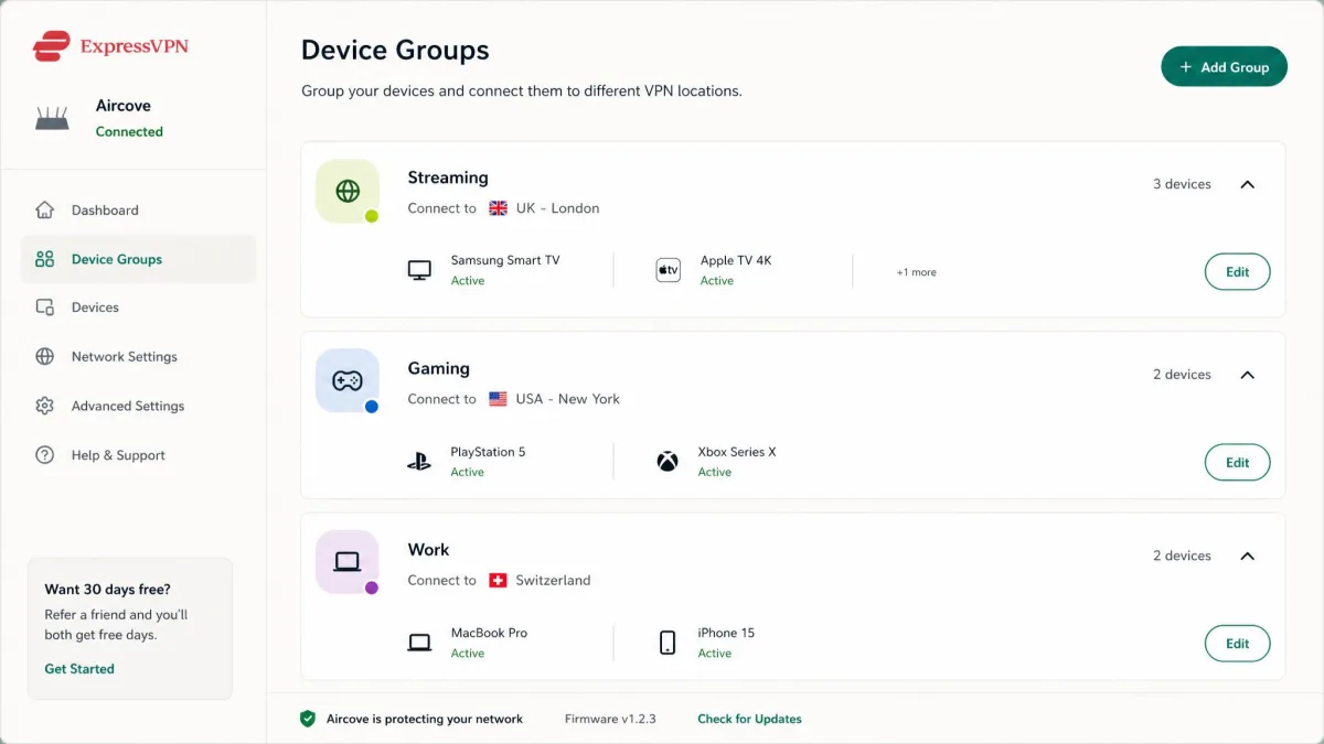 ExpressVPN Aircove app showing device groups, each assigned a different VPN location, with a smart TV and a games console listed among the protected devices.