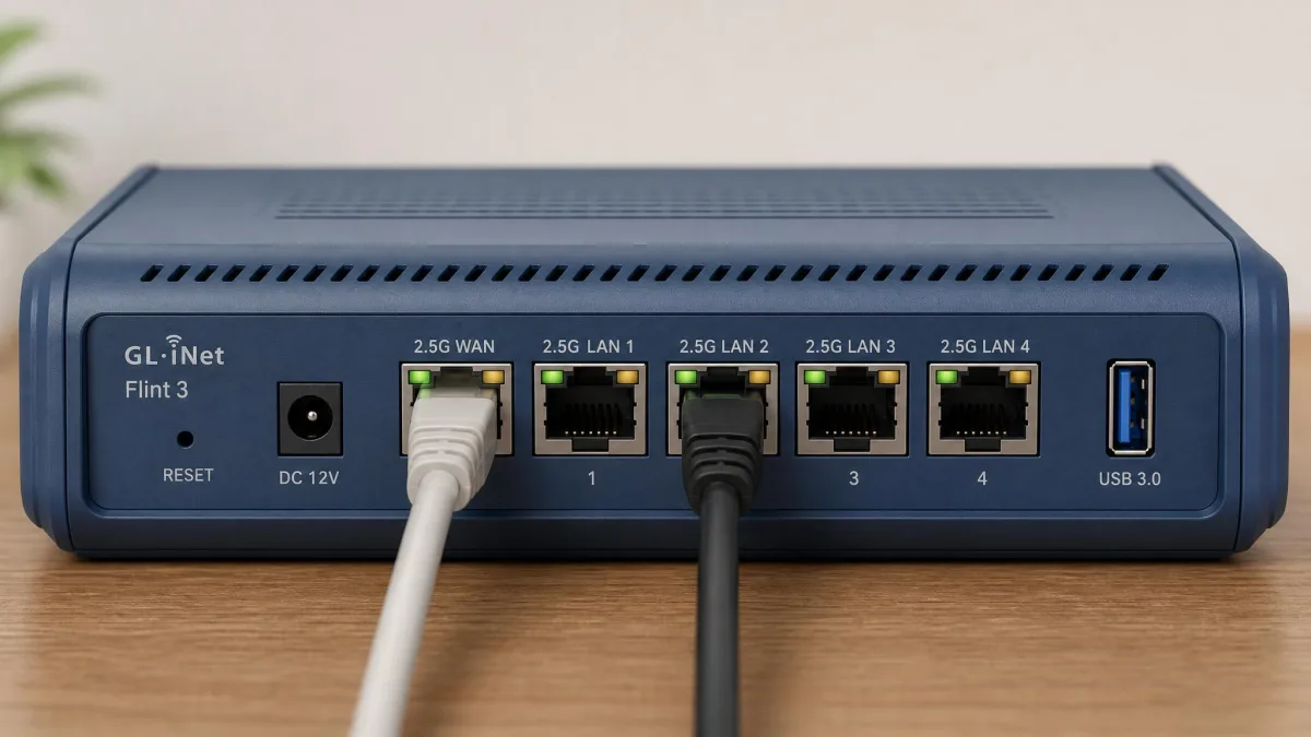 Rear panel of the GL.iNet Flint 3 showing five 2.5GbE Ethernet ports and a USB 3.0 port, with cables connected to two of the multi-gig jacks.