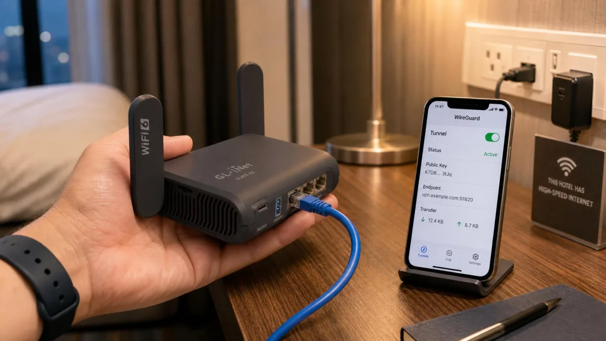 The pocket-size GL.iNet Slate AX travel router held in one hand next to a hotel room desk, with an Ethernet cable and a phone showing an active WireGuard tunnel.