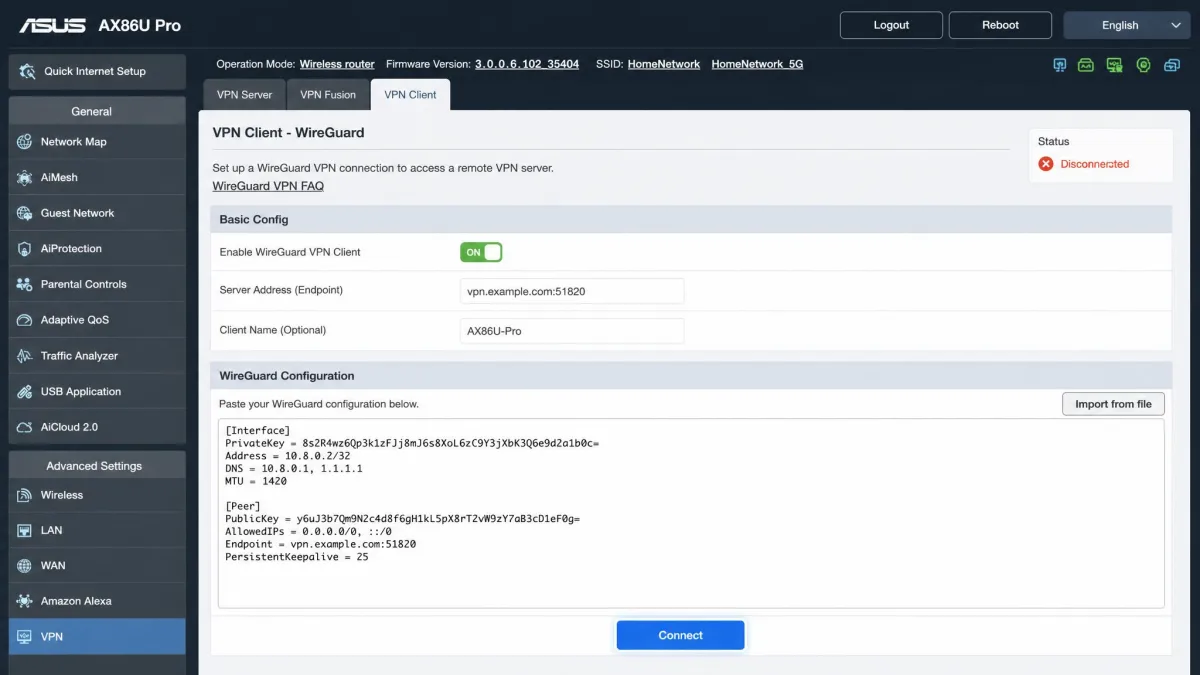 Router admin screen showing a WireGuard configuration being pasted into the VPN client section, with the connect button highlighted and a status indicator reading disconnected.