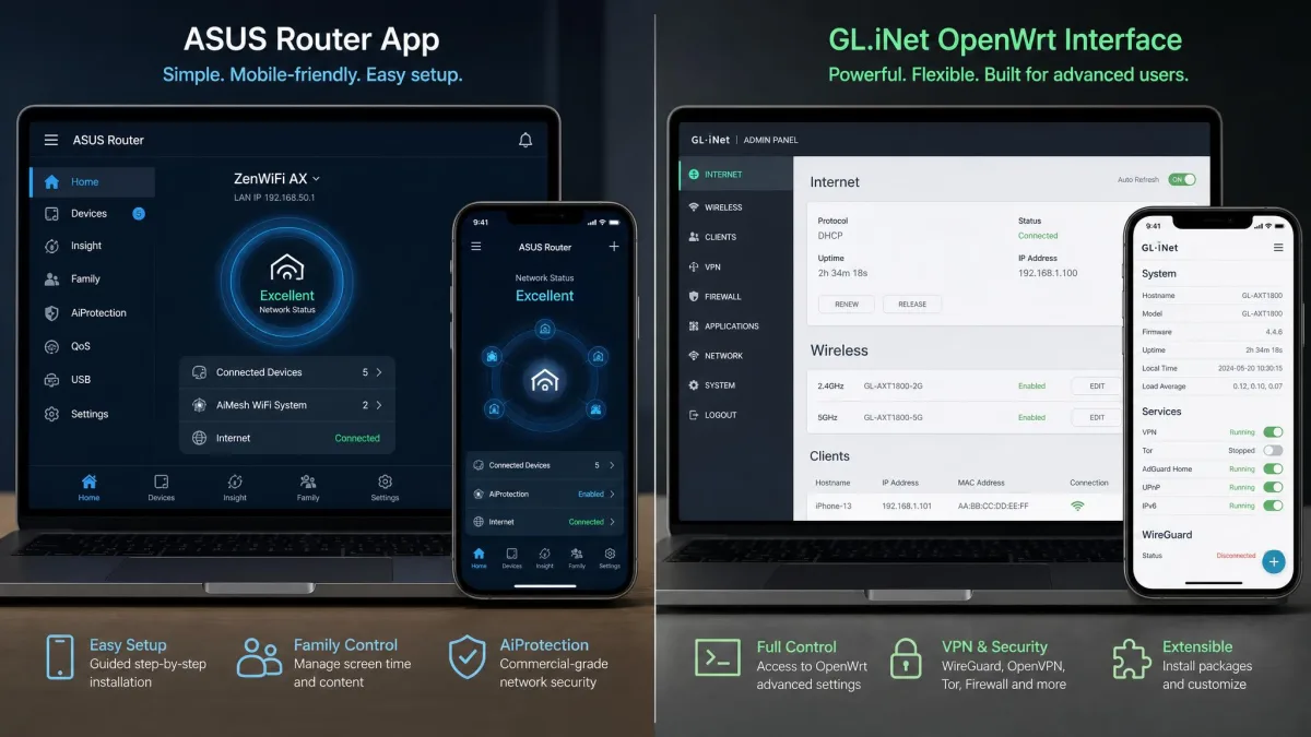 Side-by-side screens of the Asus Router app and GL.iNet OpenWrt interface on a laptop and phone, showing the difference between app-based and advanced firmware setup.