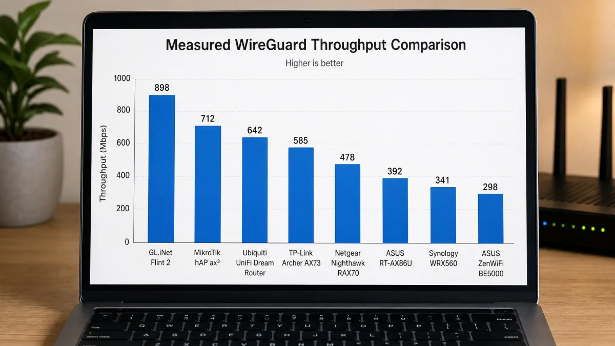 Bar chart on a laptop screen comparing measured WireGuard throughput across eight routers, with the GL.iNet Flint 2 leading near 900 Mbps and the ZenWiFi BE5000 near 300 Mbps.
