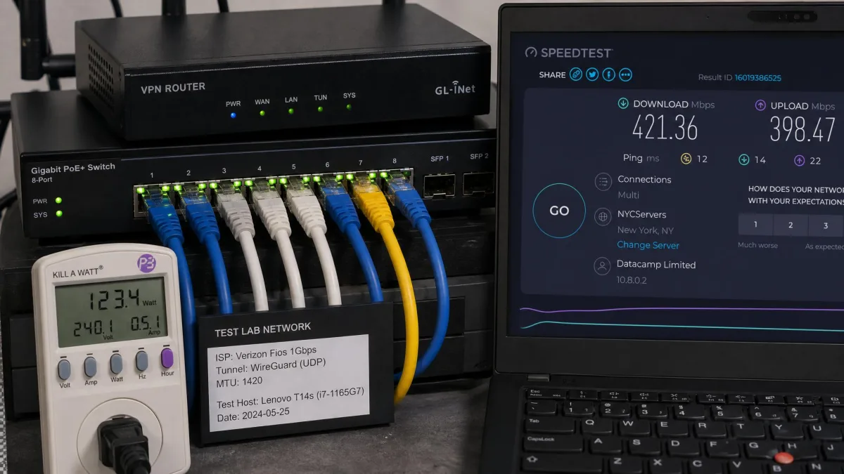 Close-up of the VPN router testing setup with multiple Ethernet cables patched into a switch, a power meter, and a laptop mid speed-test showing tunnel throughput figures.
