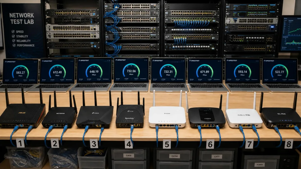 Eight wireless VPN routers lined up on a test bench with Ethernet cables connected, laptops running speed tests in the background, and a wall of network switches.