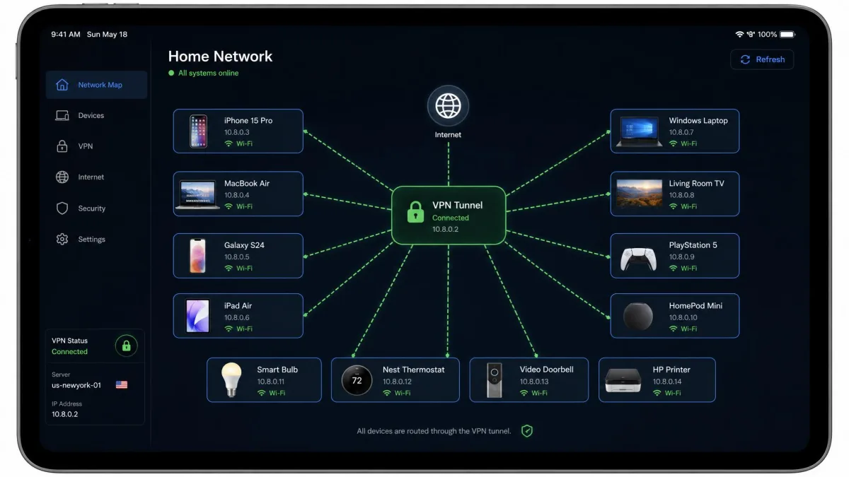 Home network map on a tablet showing a dozen connected devices all routed through a single VPN tunnel, including phones, laptops, a TV, and IoT gadgets.