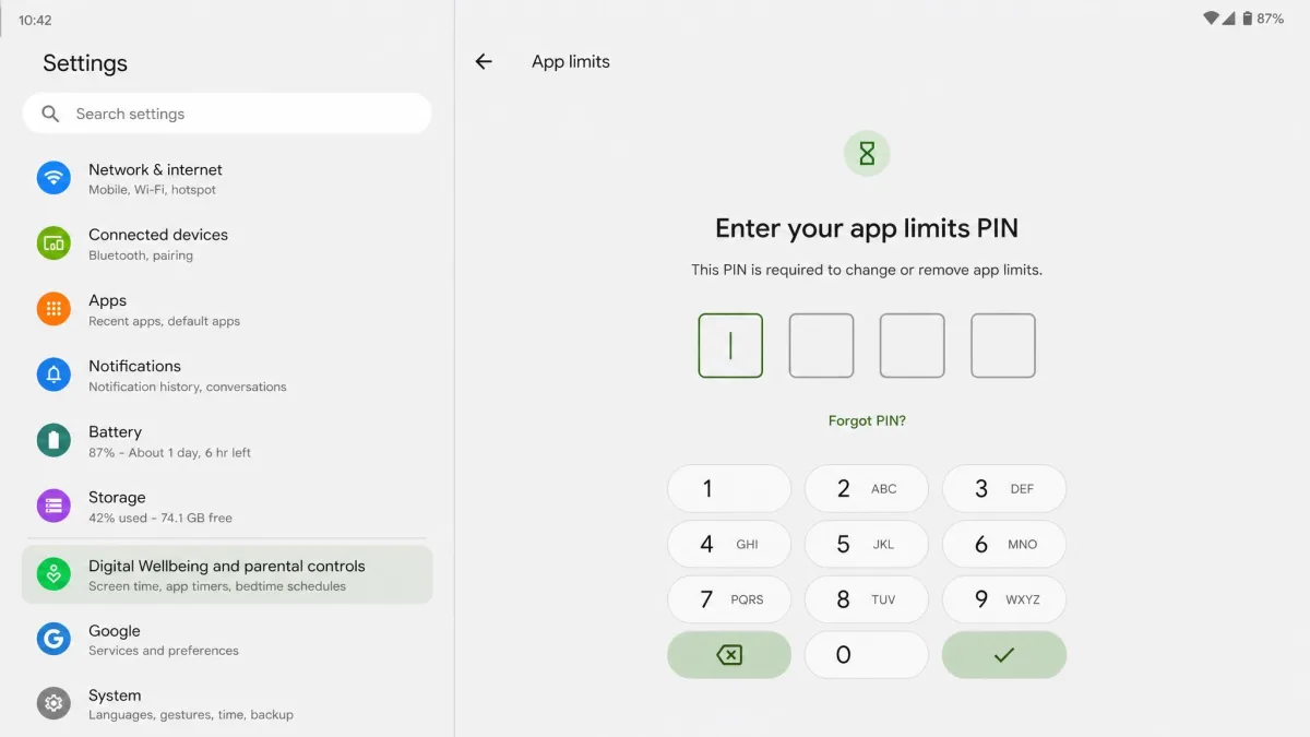 Android Settings showing Digital Wellbeing and parental controls with a four-digit app-limits PIN entry screen.