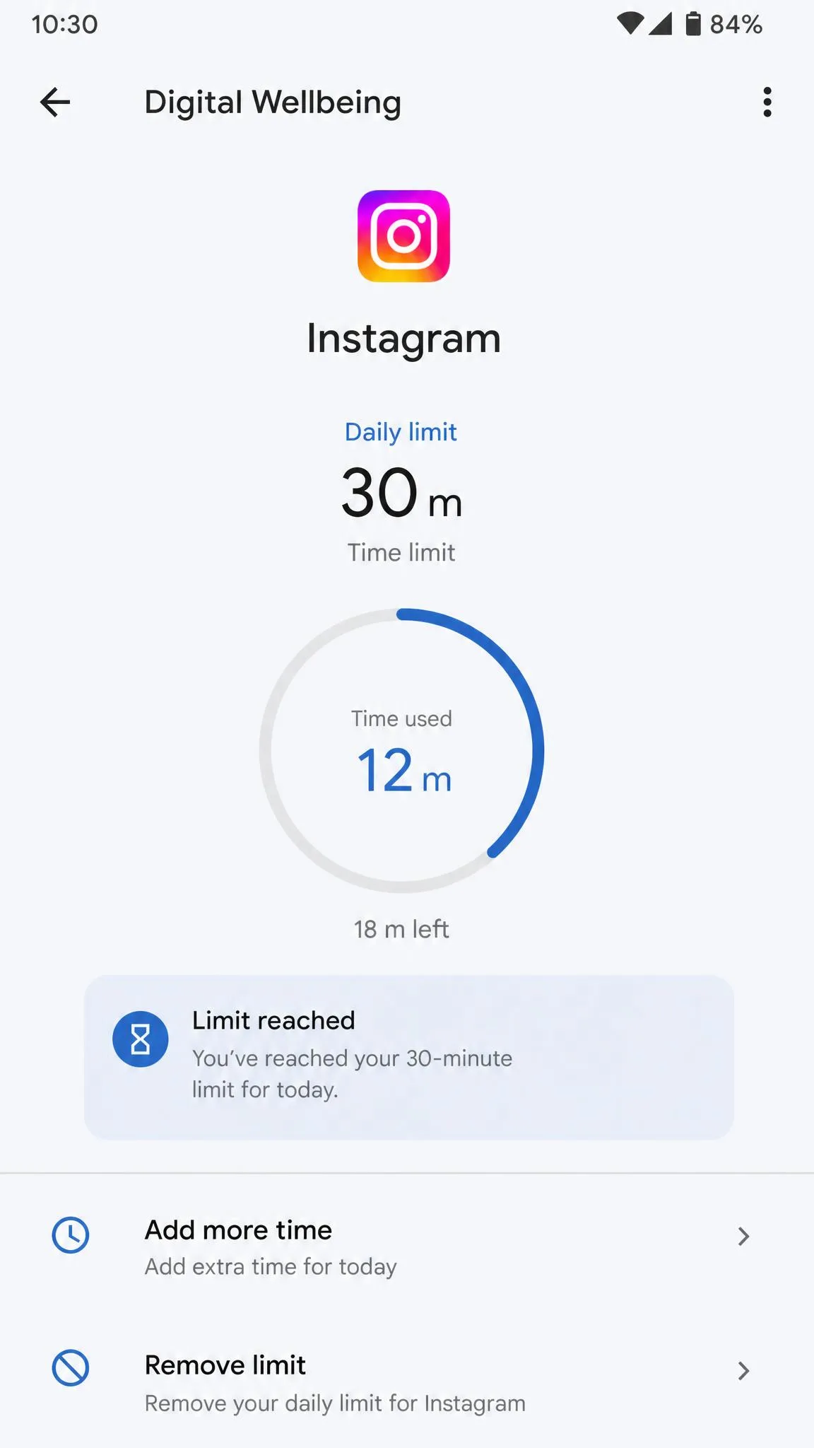 Digital Wellbeing's app timer screen showing a 30-minute daily limit for Instagram and the option to add more time.