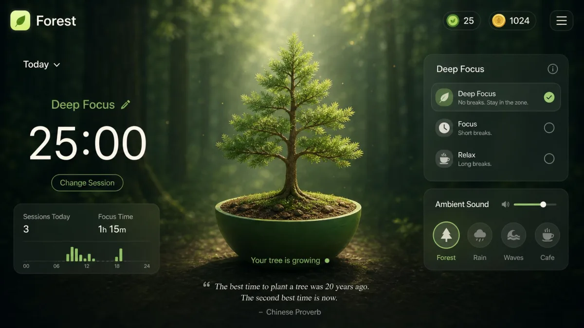 Forest's focus timer growing a virtual tree, with the session timer and Deep Focus controls visible.