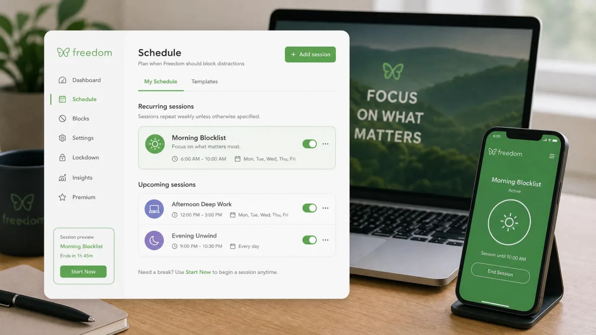Freedom's schedule screen showing a recurring morning blocklist session, with a laptop and phone in the background.