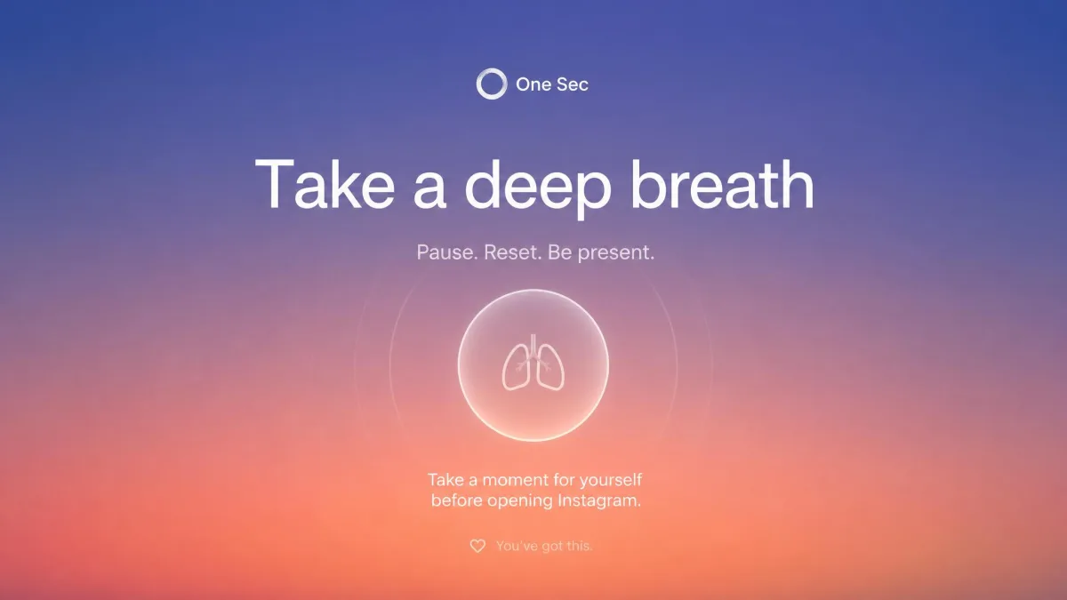 One Sec's full-screen breathing prompt asking the user to take a deep breath before opening Instagram.