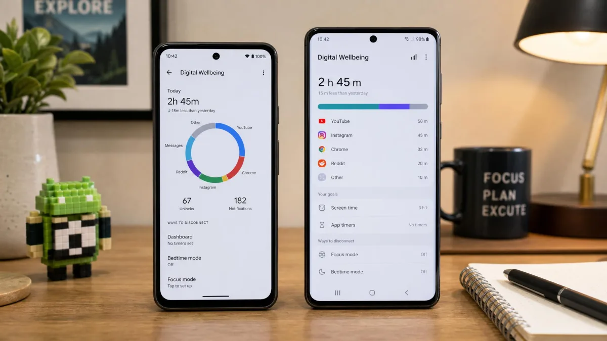 A Pixel and a Samsung Galaxy, both showing screen time tracking apps, on a home desk.