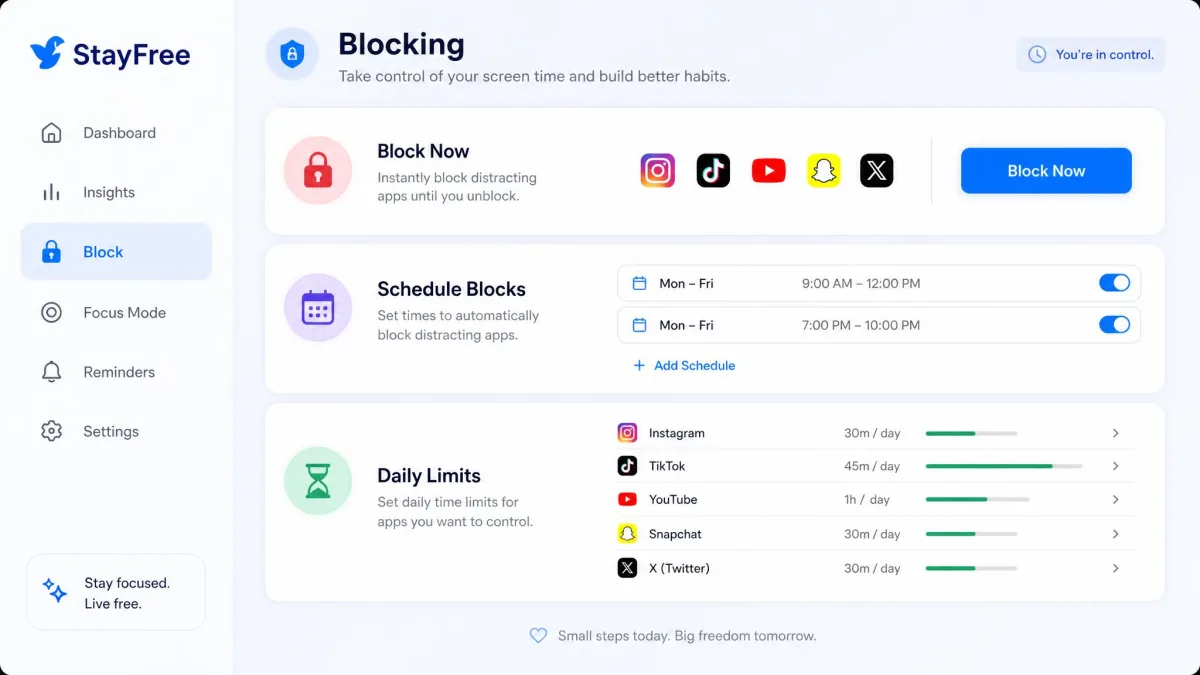 StayFree's blocking screen showing Block Now, schedule blocks, and daily limits for social media apps.