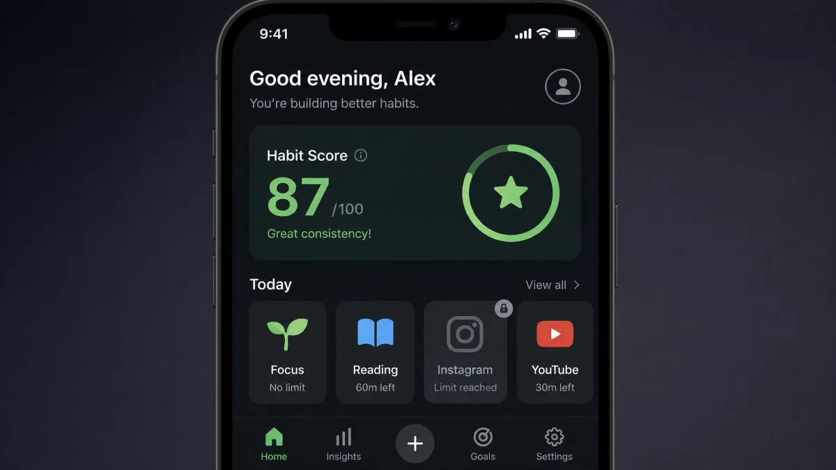 YourHour's home screen showing the Habit Score and a greyed-out Instagram icon after a daily limit.